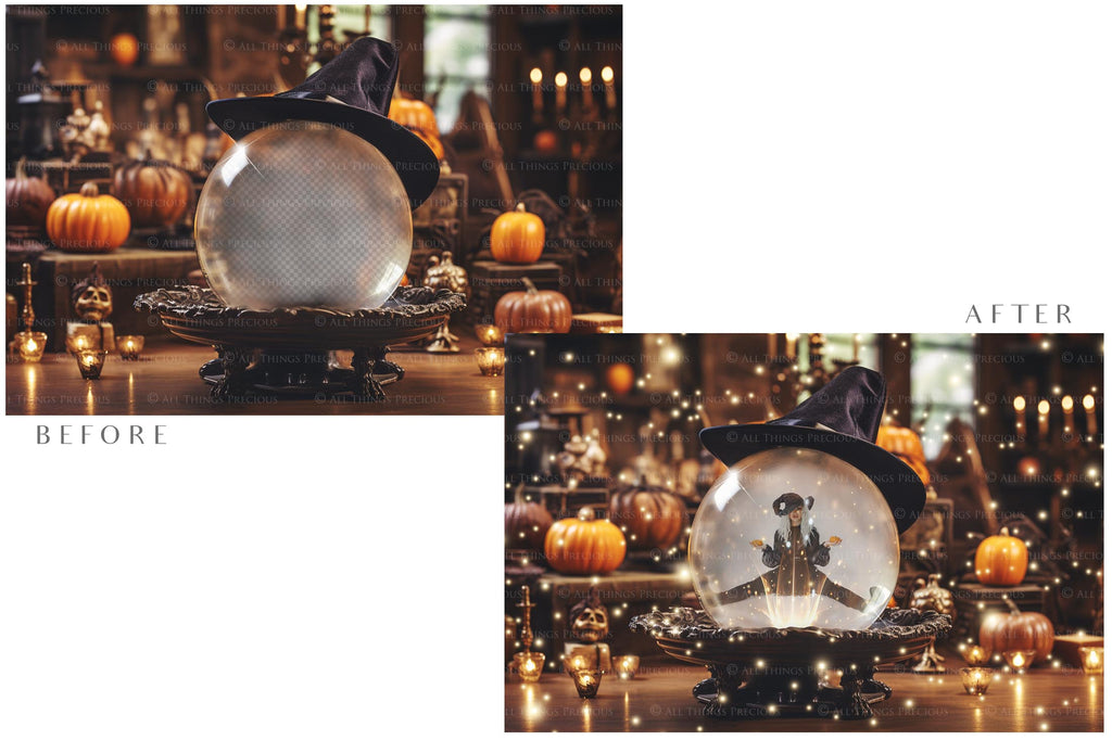 Magical Halloween Template Background. Snow globe with overlays. Add a photo to the digital background. Glass Effect Ornament bauble. Jpeg and Png copies. With magic overlays included. High resolution, quality files for photography, scrapbooking. ATP Textures.