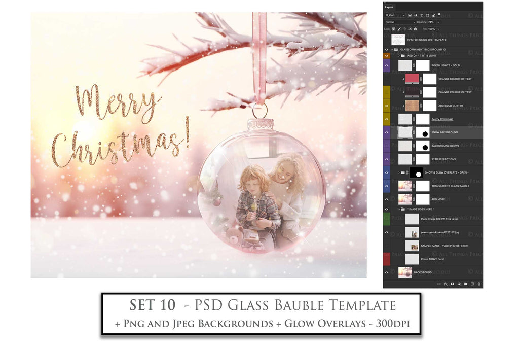 Christmas Glass Bauble Ornament Overlay and Background, with snow flurries and a PSD template included in the set.The globe is transparent, perfect for you to add your own images and retain the snow globe effect.This file is 6000 x 4000, 300dpi. Photography, Scrapbooking, Photo Overlays, Png, Jpeg, Psd. ATP Textures.