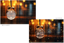 Load image into Gallery viewer, Christmas Glass Bauble Ornament Overlay and Background, with snow flurries and a PSD template included in the set.The globe is transparent, perfect for you to add your own images and retain the snow globe effect.This file is 6000 x 4000, 300dpi. Photography, Scrapbooking, Photo Overlays, Png, Jpeg, Psd. ATP Textures.
