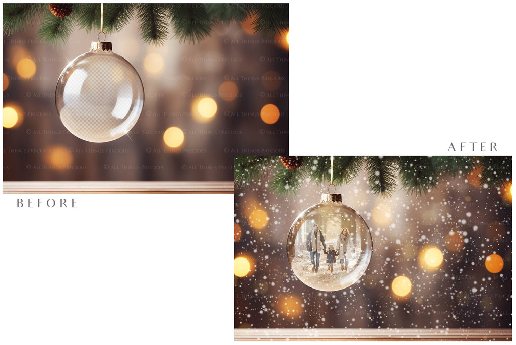 Christmas Glass Bauble Ornament Overlay and Background, with snow flurries and a PSD template included in the set.The globe is transparent, perfect for you to add your own images and retain the snow globe effect.This file is 6000 x 4000, 300dpi. Photography, Scrapbooking, Photo Overlays, Png, Jpeg, Psd. ATP Textures.