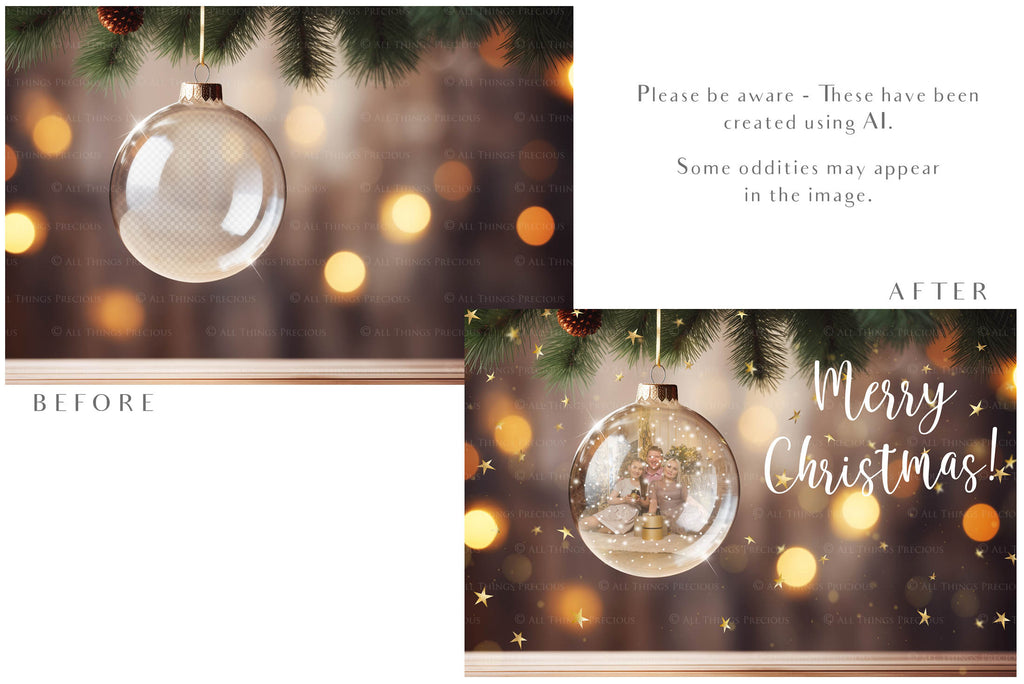 Christmas Glass Bauble Ornament Overlay and Background, with snow flurries and a PSD template included in the set.The globe is transparent, perfect for you to add your own images and retain the snow globe effect.This file is 6000 x 4000, 300dpi. Photography, Scrapbooking, Photo Overlays, Png, Jpeg, Psd. ATP Textures.