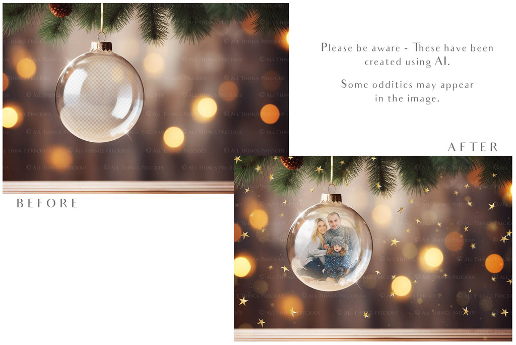 Christmas Glass Bauble Ornament Overlay and Background, with snow flurries and a PSD template included in the set.The globe is transparent, perfect for you to add your own images and retain the snow globe effect.This file is 6000 x 4000, 300dpi. Photography, Scrapbooking, Photo Overlays, Png, Jpeg, Psd. ATP Textures.