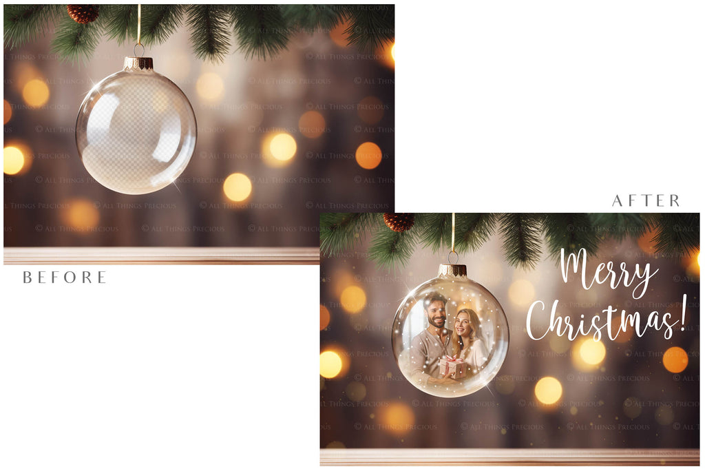 Christmas Glass Bauble Ornament Overlay and Background, with snow flurries and a PSD template included in the set.The globe is transparent, perfect for you to add your own images and retain the snow globe effect.This file is 6000 x 4000, 300dpi. Photography, Scrapbooking, Photo Overlays, Png, Jpeg, Psd. ATP Textures.