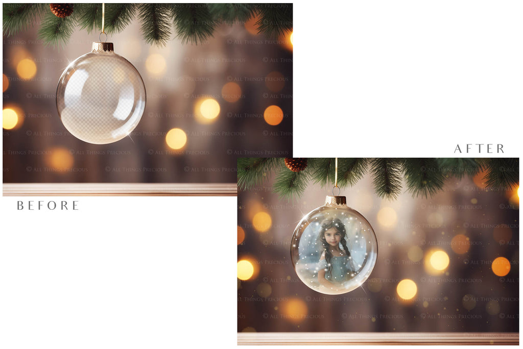 Christmas Glass Bauble Ornament Overlay and Background, with snow flurries and a PSD template included in the set.The globe is transparent, perfect for you to add your own images and retain the snow globe effect.This file is 6000 x 4000, 300dpi. Photography, Scrapbooking, Photo Overlays, Png, Jpeg, Psd. ATP Textures.