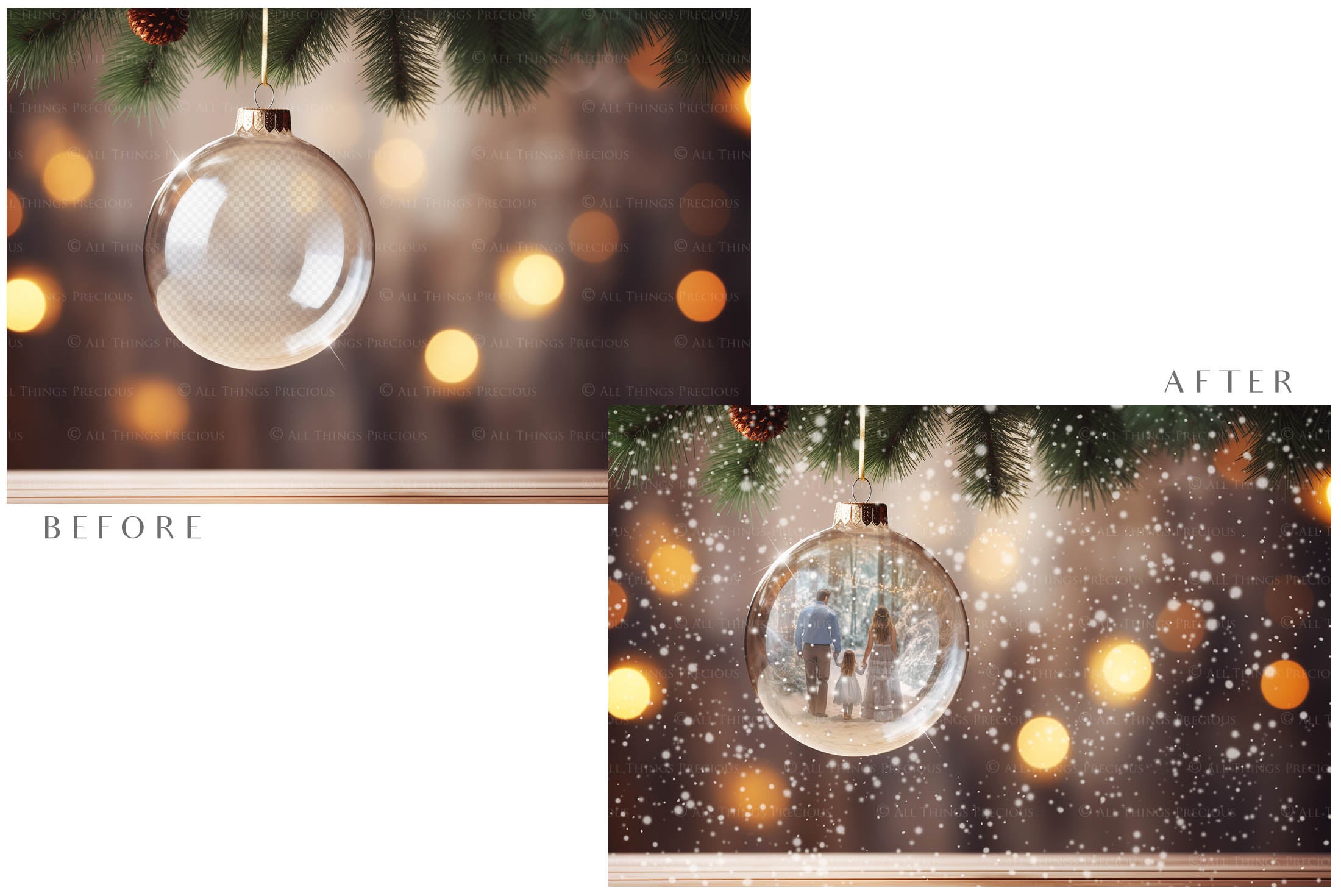 Christmas Glass Bauble Ornament Overlay and Background, with snow flurries and a PSD template included in the set.The globe is transparent, perfect for you to add your own images and retain the snow globe effect.This file is 6000 x 4000, 300dpi. Photography, Scrapbooking, Photo Overlays, Png, Jpeg, Psd. ATP Textures.