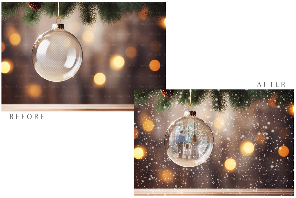 Christmas Glass Bauble Ornament Overlay and Background, with snow flurries and a PSD template included in the set.The globe is transparent, perfect for you to add your own images and retain the snow globe effect.This file is 6000 x 4000, 300dpi. Photography, Scrapbooking, Photo Overlays, Png, Jpeg, Psd. ATP Textures.