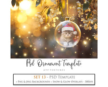 Load image into Gallery viewer, Christmas Glass Bauble Ornament Overlay and Background, with snow flurries and a PSD template included in the set.The globe is transparent, perfect for you to add your own images and retain the snow globe effect.This file is 6000 x 4000, 300dpi. Photography, Scrapbooking, Photo Overlays, Png, Jpeg, Psd. ATP Textures.
