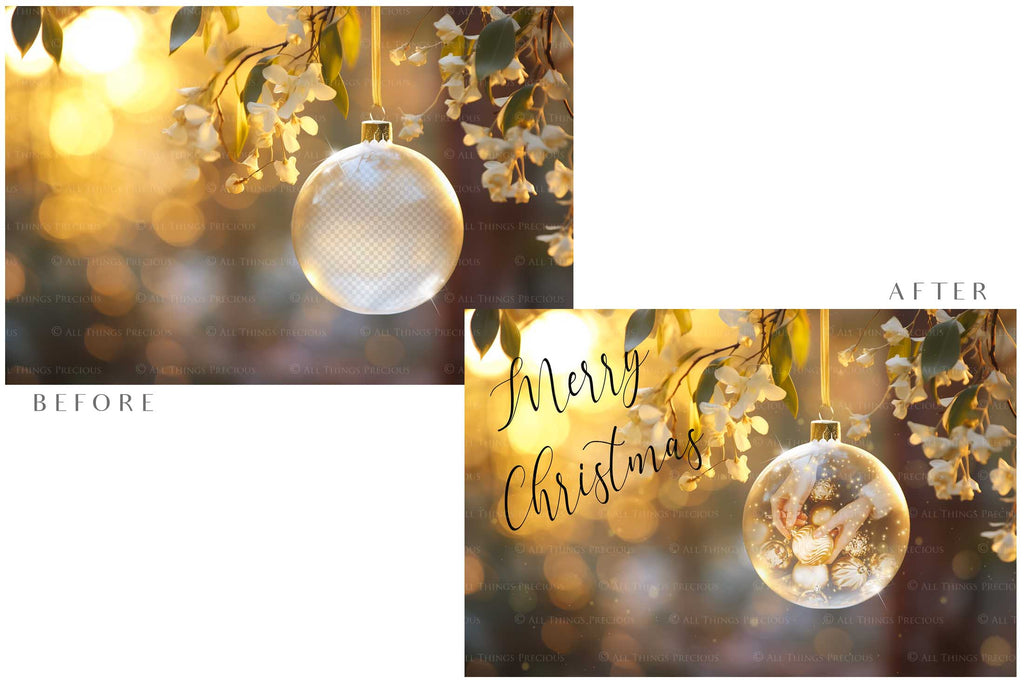 Christmas Glass Bauble Ornament Overlay and Background, with snow flurries and a PSD template included in the set.The globe is transparent, perfect for you to add your own images and retain the snow globe effect.This file is 6000 x 4000, 300dpi. Photography, Scrapbooking, Photo Overlays, Png, Jpeg, Psd. ATP Textures.