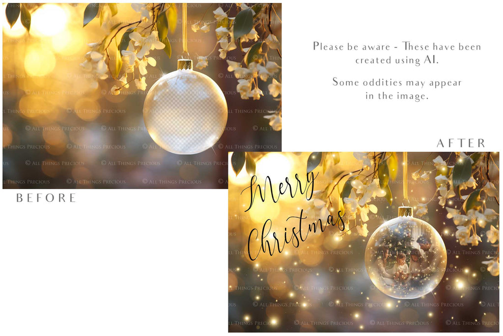 Christmas Glass Bauble Ornament Overlay and Background, with snow flurries and a PSD template included in the set.The globe is transparent, perfect for you to add your own images and retain the snow globe effect.This file is 6000 x 4000, 300dpi. Photography, Scrapbooking, Photo Overlays, Png, Jpeg, Psd. ATP Textures.