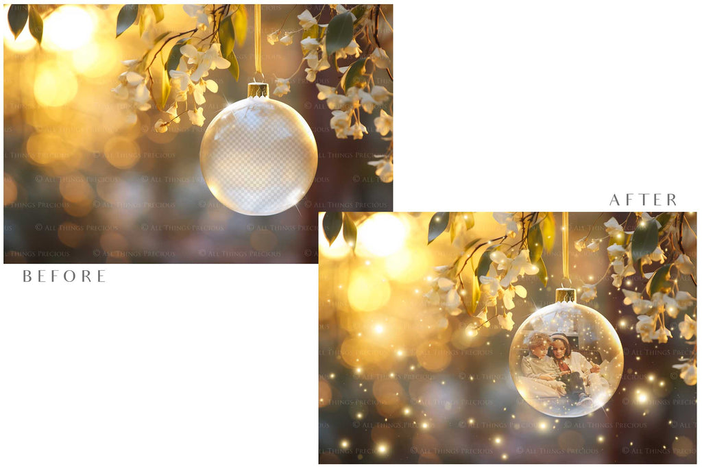 Christmas Glass Bauble Ornament Overlay and Background, with snow flurries and a PSD template included in the set.The globe is transparent, perfect for you to add your own images and retain the snow globe effect.This file is 6000 x 4000, 300dpi. Photography, Scrapbooking, Photo Overlays, Png, Jpeg, Psd. ATP Textures.