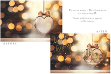 Load image into Gallery viewer, Christmas Glass Bauble Ornament Overlay and Background, with snow flurries and a PSD template included in the set.The globe is transparent, perfect for you to add your own images and retain the snow globe effect.This file is 6000 x 4000, 300dpi. Photography, Scrapbooking, Photo Overlays, Png, Jpeg, Psd. ATP Textures.
