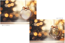 Load image into Gallery viewer, Christmas Glass Bauble Ornament Overlay and Background, with snow flurries and a PSD template included in the set.The globe is transparent, perfect for you to add your own images and retain the snow globe effect.This file is 6000 x 4000, 300dpi. Photography, Scrapbooking, Photo Overlays, Png, Jpeg, Psd. ATP Textures.
