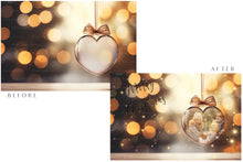 Load image into Gallery viewer, Christmas Glass Bauble Ornament Overlay and Background, with snow flurries and a PSD template included in the set.The globe is transparent, perfect for you to add your own images and retain the snow globe effect.This file is 6000 x 4000, 300dpi. Photography, Scrapbooking, Photo Overlays, Png, Jpeg, Psd. ATP Textures.
