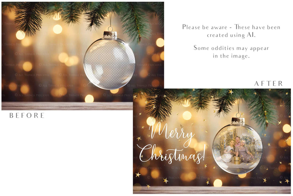 Christmas Glass Bauble Ornament Overlay and Background, with snow flurries and a PSD template included in the set.The globe is transparent, perfect for you to add your own images and retain the snow globe effect.This file is 6000 x 4000, 300dpi. Photography, Scrapbooking, Photo Overlays, Png, Jpeg, Psd. ATP Textures.