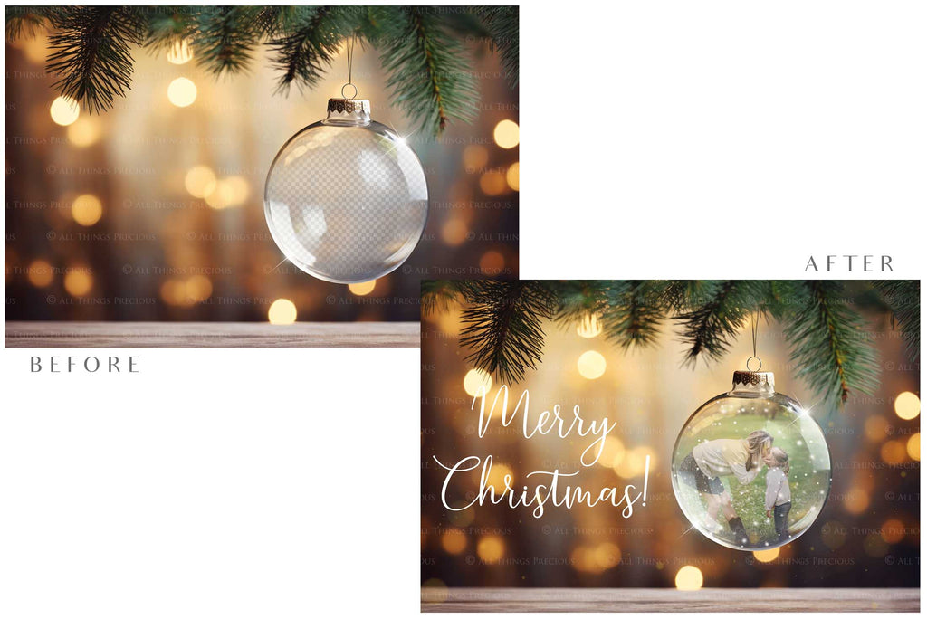 Christmas Glass Bauble Ornament Overlay and Background, with snow flurries and a PSD template included in the set.The globe is transparent, perfect for you to add your own images and retain the snow globe effect.This file is 6000 x 4000, 300dpi. Photography, Scrapbooking, Photo Overlays, Png, Jpeg, Psd. ATP Textures.