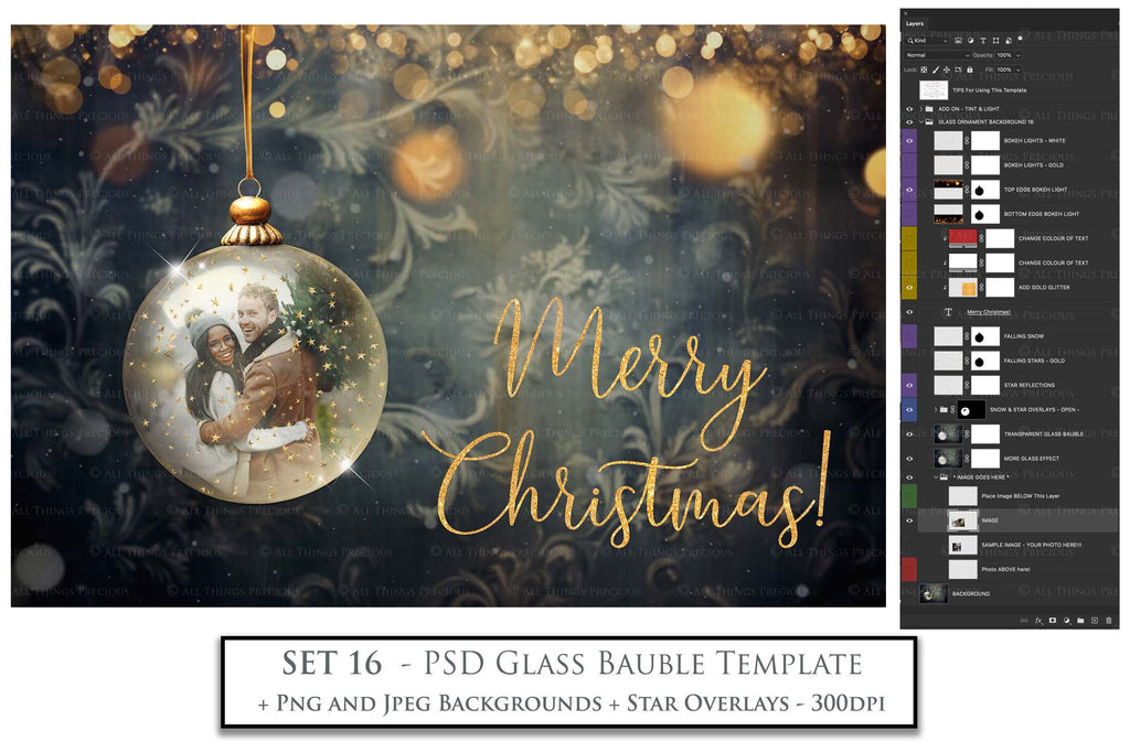 Christmas Glass Bauble Ornament Overlay and Background, with snow flurries and a PSD template included in the set.The globe is transparent, perfect for you to add your own images and retain the snow globe effect.This file is 6000 x 4000, 300dpi. Photography, Scrapbooking, Photo Overlays, Png, Jpeg, Psd. ATP Textures.