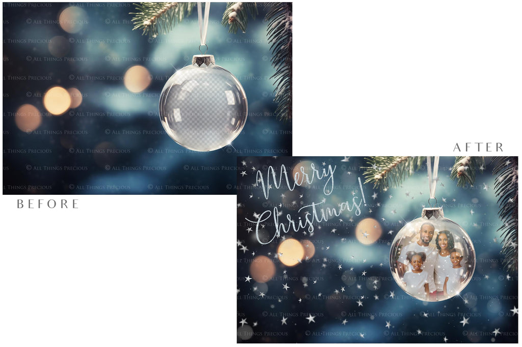 Christmas Glass Bauble Ornament Overlay and Background, with snow flurries and a PSD template included in the set.The globe is transparent, perfect for you to add your own images and retain the snow globe effect.This file is 6000 x 4000, 300dpi. Photography, Scrapbooking, Photo Overlays, Png, Jpeg, Psd. ATP Textures.