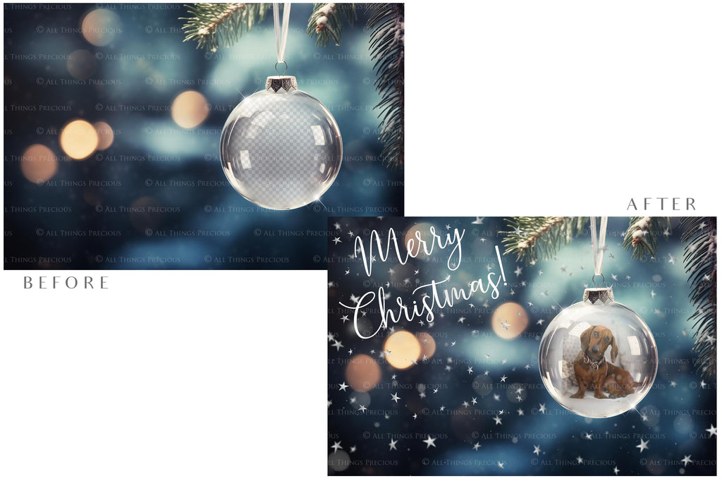 Christmas Glass Bauble Ornament Overlay and Background, with snow flurries and a PSD template included in the set.The globe is transparent, perfect for you to add your own images and retain the snow globe effect.This file is 6000 x 4000, 300dpi. Photography, Scrapbooking, Photo Overlays, Png, Jpeg, Psd. ATP Textures.