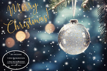 Load image into Gallery viewer, Christmas Glass Bauble Ornament Overlay and Background, with snow flurries and a PSD template included in the set.The globe is transparent, perfect for you to add your own images and retain the snow globe effect.This file is 6000 x 4000, 300dpi. Photography, Scrapbooking, Photo Overlays, Png, Jpeg, Psd. ATP Textures.
