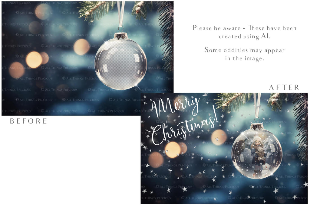 Christmas Glass Bauble Ornament Overlay and Background, with snow flurries and a PSD template included in the set.The globe is transparent, perfect for you to add your own images and retain the snow globe effect.This file is 6000 x 4000, 300dpi. Photography, Scrapbooking, Photo Overlays, Png, Jpeg, Psd. ATP Textures.