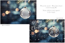 Load image into Gallery viewer, Christmas Glass Bauble Ornament Overlay and Background, with snow flurries and a PSD template included in the set.The globe is transparent, perfect for you to add your own images and retain the snow globe effect.This file is 6000 x 4000, 300dpi. Photography, Scrapbooking, Photo Overlays, Png, Jpeg, Psd. ATP Textures.
