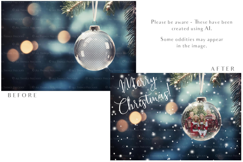 Christmas Glass Bauble Ornament Overlay and Background, with snow flurries and a PSD template included in the set.The globe is transparent, perfect for you to add your own images and retain the snow globe effect.This file is 6000 x 4000, 300dpi. Photography, Scrapbooking, Photo Overlays, Png, Jpeg, Psd. ATP Textures.