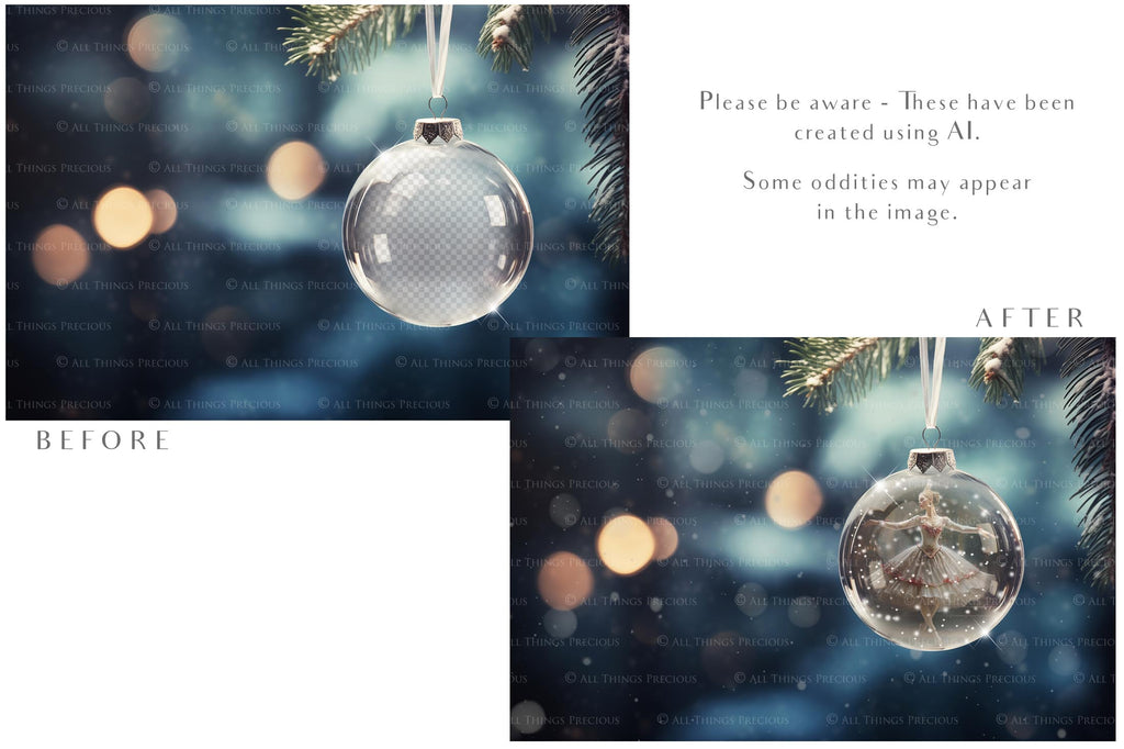 Christmas Glass Bauble Ornament Overlay and Background, with snow flurries and a PSD template included in the set.The globe is transparent, perfect for you to add your own images and retain the snow globe effect.This file is 6000 x 4000, 300dpi. Photography, Scrapbooking, Photo Overlays, Png, Jpeg, Psd. ATP Textures.