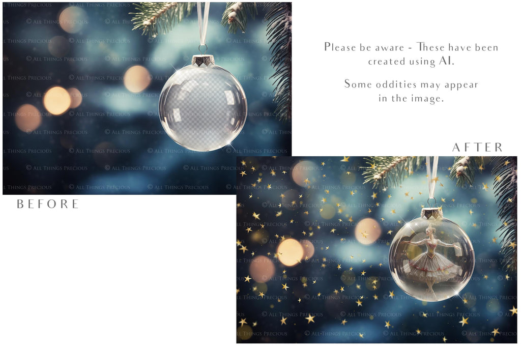 Christmas Glass Bauble Ornament Overlay and Background, with snow flurries and a PSD template included in the set.The globe is transparent, perfect for you to add your own images and retain the snow globe effect.This file is 6000 x 4000, 300dpi. Photography, Scrapbooking, Photo Overlays, Png, Jpeg, Psd. ATP Textures.