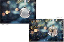 Load image into Gallery viewer, Christmas Glass Bauble Ornament Overlay and Background, with snow flurries and a PSD template included in the set.The globe is transparent, perfect for you to add your own images and retain the snow globe effect.This file is 6000 x 4000, 300dpi. Photography, Scrapbooking, Photo Overlays, Png, Jpeg, Psd. ATP Textures.
