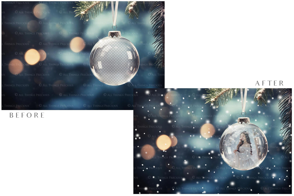 Christmas Glass Bauble Ornament Overlay and Background, with snow flurries and a PSD template included in the set.The globe is transparent, perfect for you to add your own images and retain the snow globe effect.This file is 6000 x 4000, 300dpi. Photography, Scrapbooking, Photo Overlays, Png, Jpeg, Psd. ATP Textures.