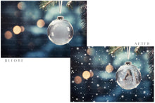 Load image into Gallery viewer, Christmas Glass Bauble Ornament Overlay and Background, with snow flurries and a PSD template included in the set.The globe is transparent, perfect for you to add your own images and retain the snow globe effect.This file is 6000 x 4000, 300dpi. Photography, Scrapbooking, Photo Overlays, Png, Jpeg, Psd. ATP Textures.

