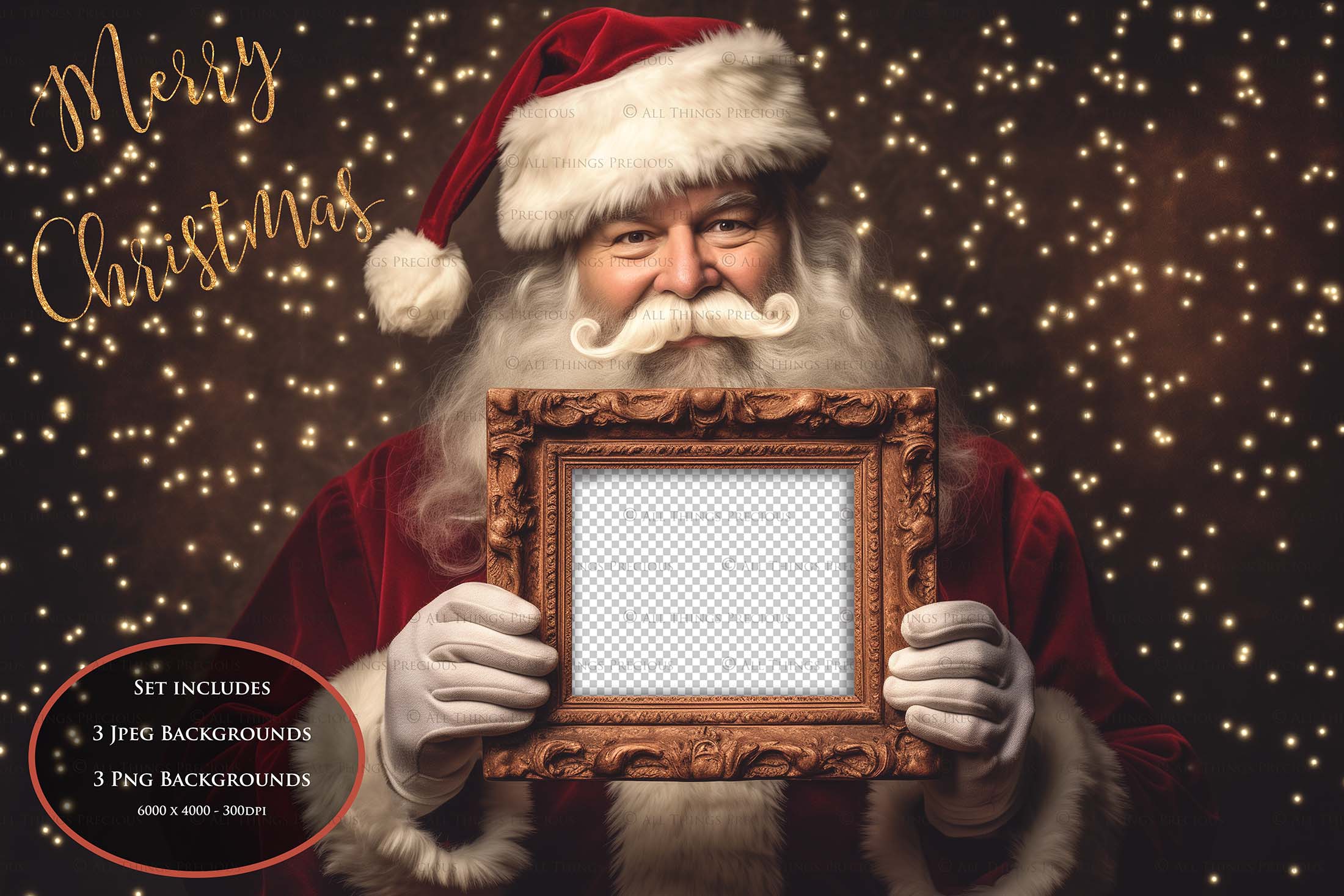 Digital Santa with Frame Background. Png snow and glow overlays & PSD Template. The frame is transparent, perfect for adding your own images. The file is 6000 x 4000, 300dpi. Png Included. Use for Christmas edits, Photography, Card Crafts, Scrapbooking. Xmas Backdrops. Santa holding a frame.