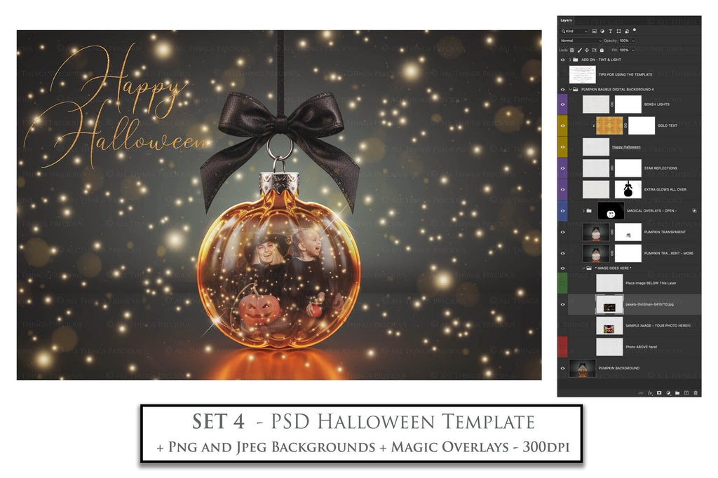 Magical Halloween Template Background. Snow globe with overlays. Add a photo to the digital background. Glass Effect Ornament bauble. Jpeg and Png copies. With magic overlays included. High resolution, quality files for photography, scrapbooking. ATP Textures.