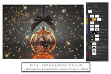Load image into Gallery viewer, Magical Halloween Template Background. Snow globe with overlays. Add a photo to the digital background. Glass Effect Ornament bauble. Jpeg and Png copies. With magic overlays included. High resolution, quality files for photography, scrapbooking. ATP Textures.
