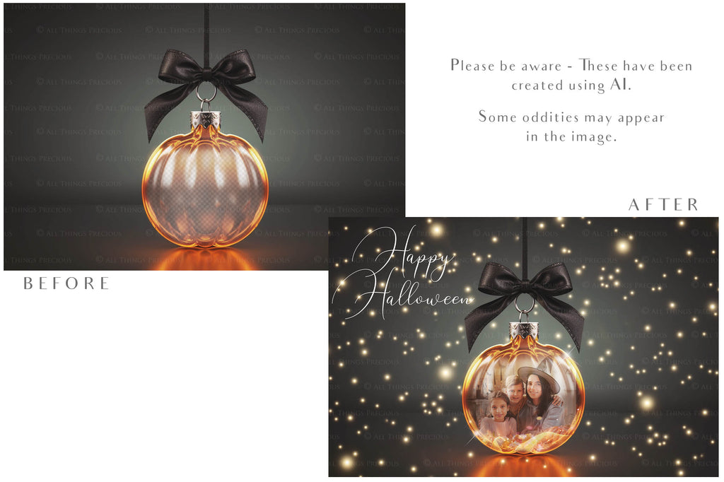 Magical Halloween Template Background. Snow globe with overlays. Add a photo to the digital background. Glass Effect Ornament bauble. Jpeg and Png copies. With magic overlays included. High resolution, quality files for photography, scrapbooking. ATP Textures.