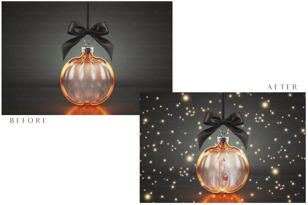 Magical Halloween Template Background. Snow globe with overlays. Add a photo to the digital background. Glass Effect Ornament bauble. Jpeg and Png copies. With magic overlays included. High resolution, quality files for photography, scrapbooking. ATP Textures.