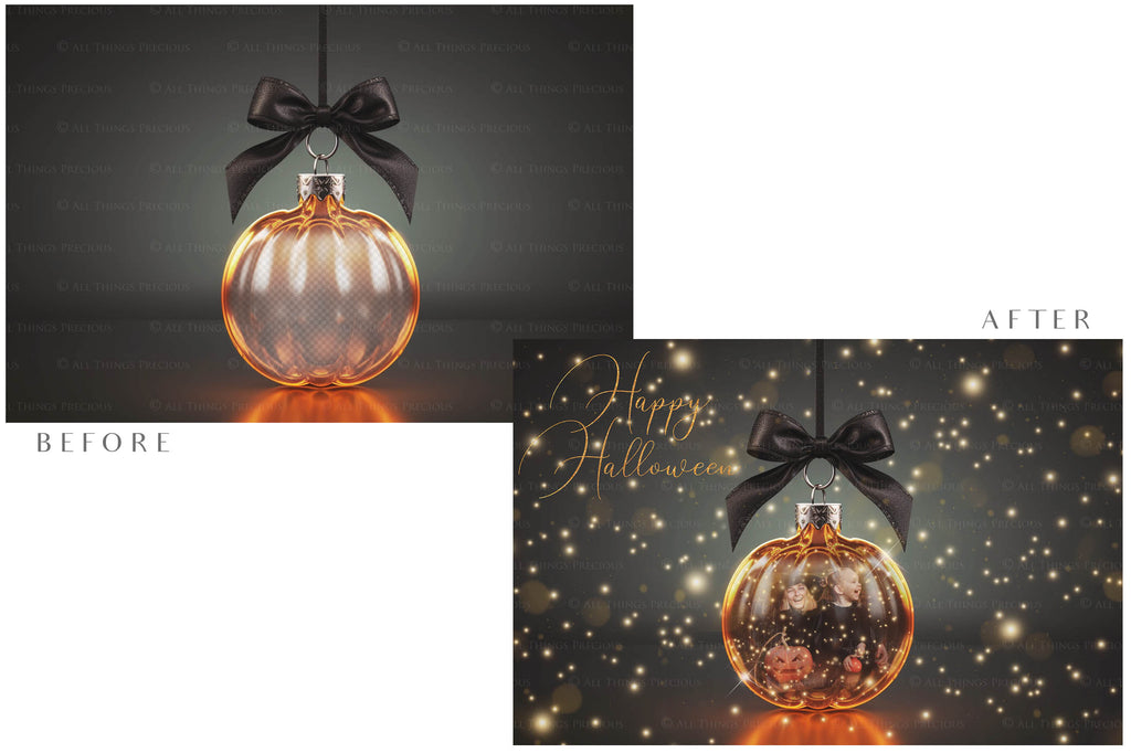 Magical Halloween Template Background. Snow globe with overlays. Add a photo to the digital background. Glass Effect Ornament bauble. Jpeg and Png copies. With magic overlays included. High resolution, quality files for photography, scrapbooking. ATP Textures.