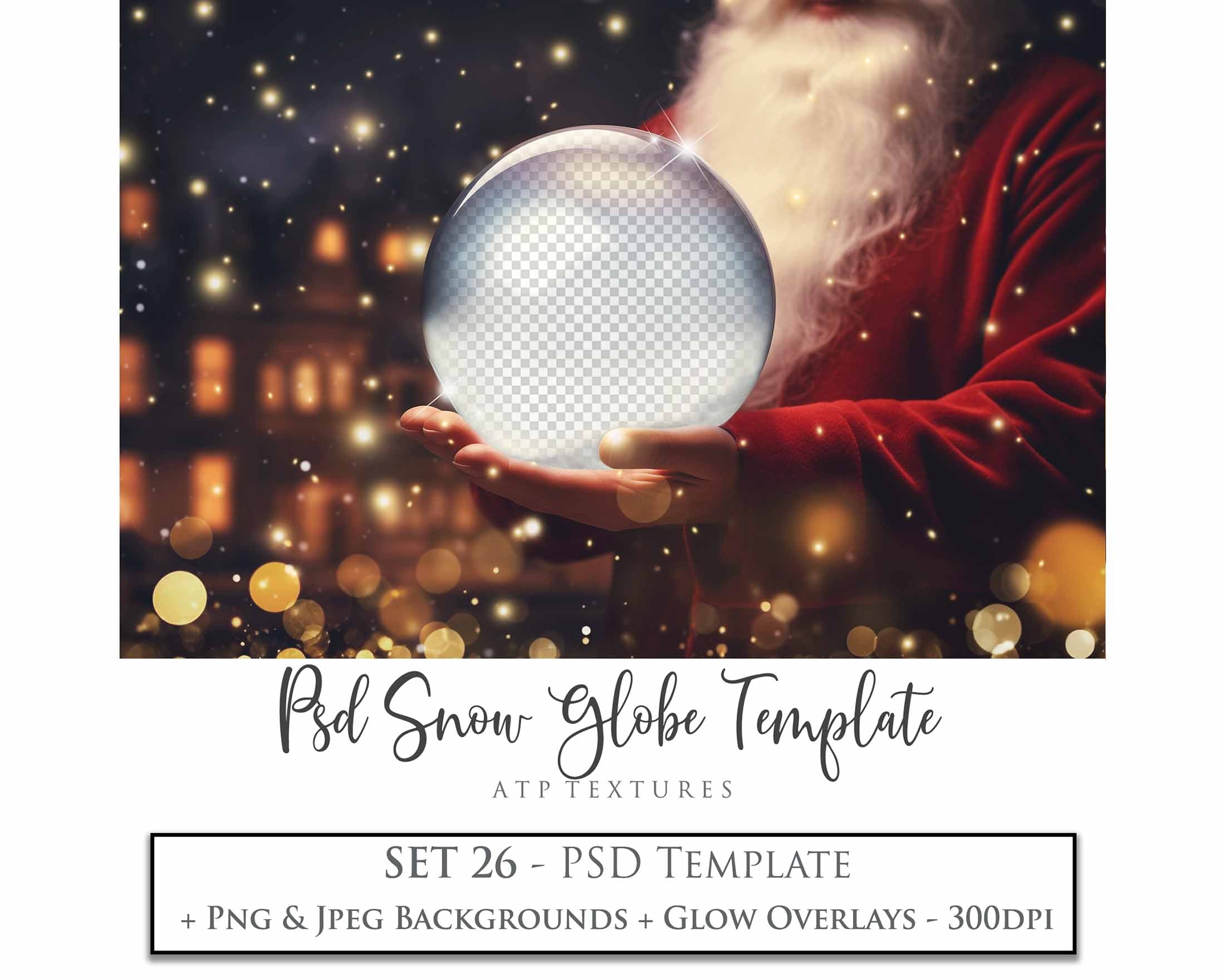 Christmas Snow Globe Background PSD template and Overlays. Digital Background, with Glows and Star Overlays. The globe is transparent, perfect for you to add your own images and retain the glass see through effect. For Photography This file is 6000 x 4000, 300dpi. Photography, Scrapbooking, Png, Jpeg, Psd. ATP Textures.