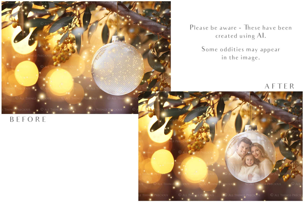 Christmas Glass Bauble Ornament Overlay and Background, with snow flurries and a PSD template included in the set.The globe is transparent. This file is 6000 x 4000, 300dpi. Photography, Scrapbooking, Photo Overlays, Png, Jpeg, Psd. ATP Textures.