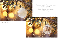 Load image into Gallery viewer, Christmas Glass Bauble Ornament Overlay and Background, with snow flurries and a PSD template included in the set.The globe is transparent. This file is 6000 x 4000, 300dpi. Photography, Scrapbooking, Photo Overlays, Png, Jpeg, Psd. ATP Textures.
