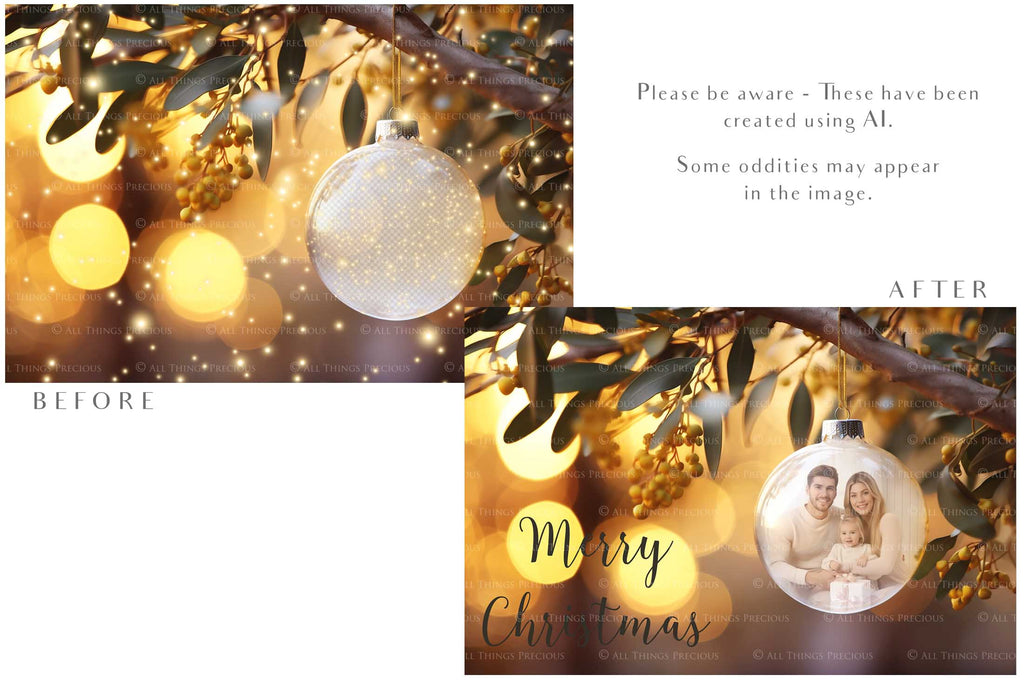 Christmas Glass Bauble Ornament Overlay and Background, with snow flurries and a PSD template included in the set.The globe is transparent. This file is 6000 x 4000, 300dpi. Photography, Scrapbooking, Photo Overlays, Png, Jpeg, Psd. ATP Textures.