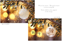 Load image into Gallery viewer, Christmas Glass Bauble Ornament Overlay and Background, with snow flurries and a PSD template included in the set.The globe is transparent. This file is 6000 x 4000, 300dpi. Photography, Scrapbooking, Photo Overlays, Png, Jpeg, Psd. ATP Textures.
