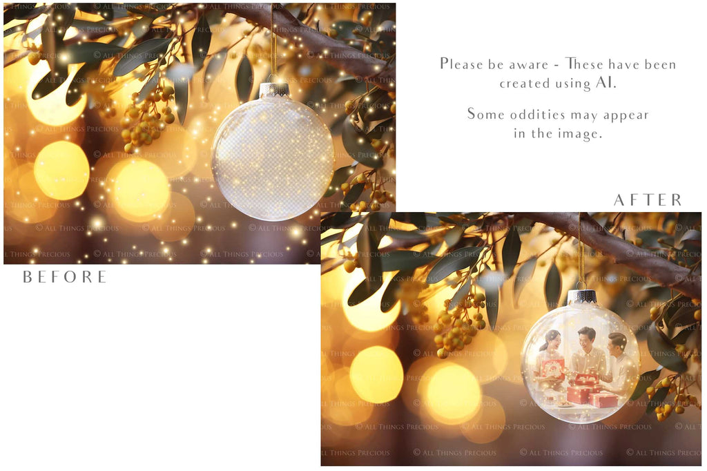 Christmas Glass Bauble Ornament Overlay and Background, with snow flurries and a PSD template included in the set.The globe is transparent. This file is 6000 x 4000, 300dpi. Photography, Scrapbooking, Photo Overlays, Png, Jpeg, Psd. ATP Textures.