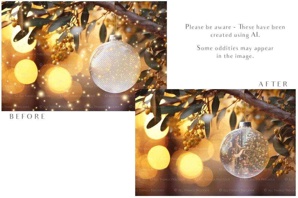 Christmas Glass Bauble Ornament Overlay and Background, with snow flurries and a PSD template included in the set.The globe is transparent. This file is 6000 x 4000, 300dpi. Photography, Scrapbooking, Photo Overlays, Png, Jpeg, Psd. ATP Textures.