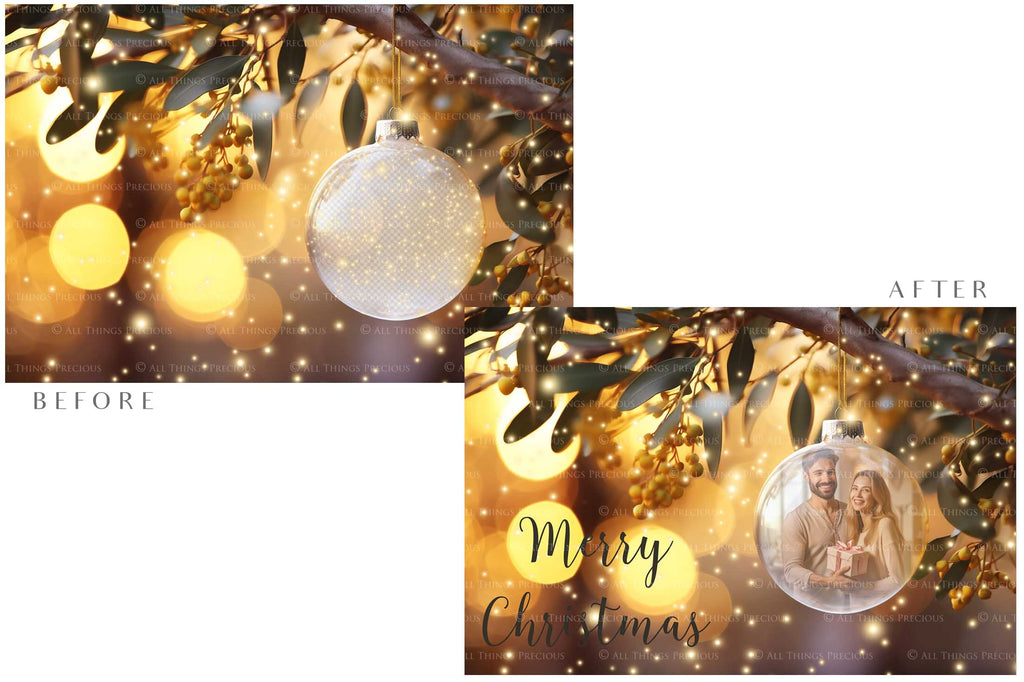 Christmas Glass Bauble Ornament Overlay and Background, with snow flurries and a PSD template included in the set.The globe is transparent. This file is 6000 x 4000, 300dpi. Photography, Scrapbooking, Photo Overlays, Png, Jpeg, Psd. ATP Textures.