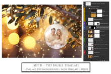 Load image into Gallery viewer, Christmas Glass Bauble Ornament Overlay and Background, with snow flurries and a PSD template included in the set.The globe is transparent. This file is 6000 x 4000, 300dpi. Photography, Scrapbooking, Photo Overlays, Png, Jpeg, Psd. ATP Textures.
