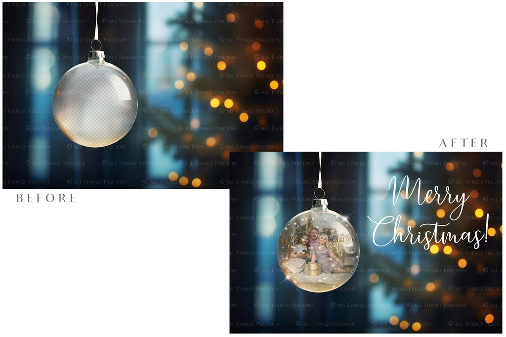 Christmas Glass Bauble Ornament Overlay and Background, with snow flurries and a PSD template included in the set.The globe is transparent, perfect for you to add your own images and retain the snow globe effect.This file is 6000 x 4000, 300dpi. Photography, Scrapbooking, Photo Overlays, Png, Jpeg, Psd. ATP Textures.