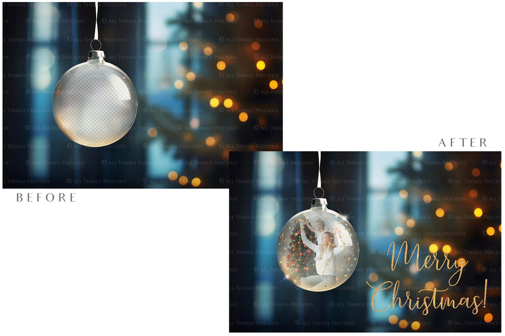 Christmas Glass Bauble Ornament Overlay and Background, with snow flurries and a PSD template included in the set.The globe is transparent, perfect for you to add your own images and retain the snow globe effect.This file is 6000 x 4000, 300dpi. Photography, Scrapbooking, Photo Overlays, Png, Jpeg, Psd. ATP Textures.