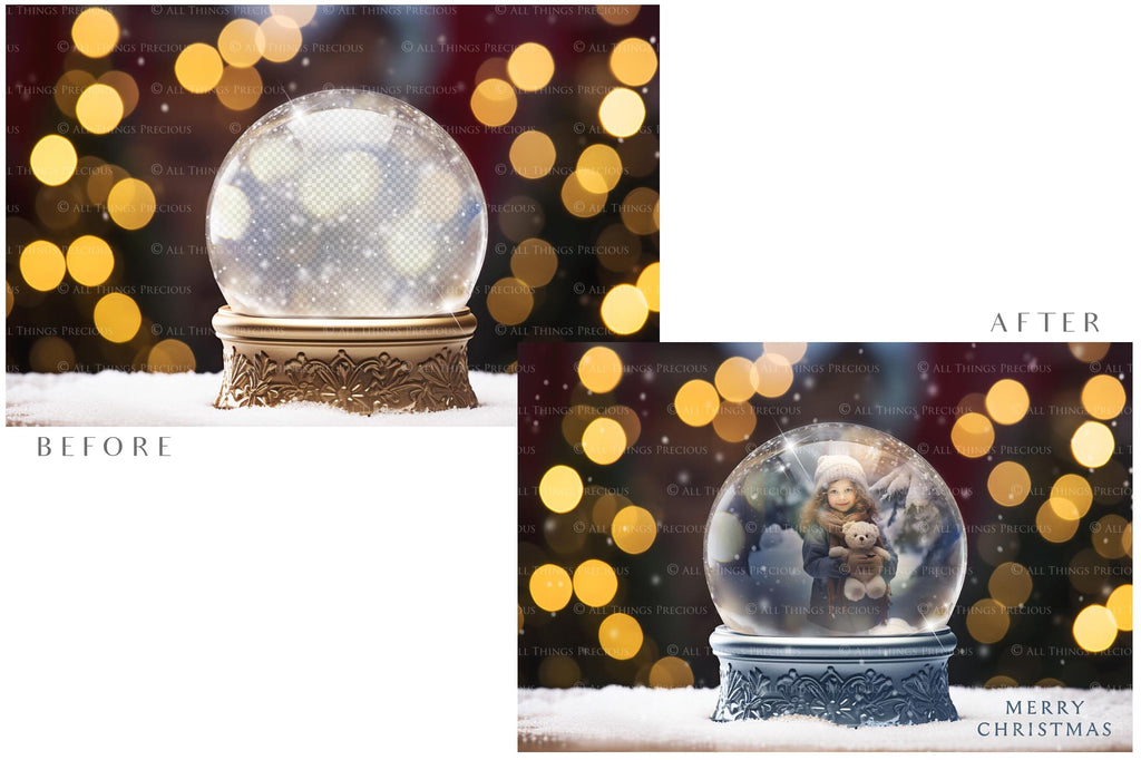 Digital Snow Globe Background, with png snow overlays and PSD Template.set.The globe is transparent, perfect for you to add your own images and retain the snow globe effect.This file is 6000 x 4000, 300dpi. Printable Christmas Theme style. Photoshop Editing Backdrop for Photographers, Scrapbooking and cards.