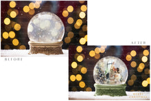 Load image into Gallery viewer, Digital Snow Globe Background, with png snow overlays and PSD Template.set.The globe is transparent, perfect for you to add your own images and retain the snow globe effect.This file is 6000 x 4000, 300dpi. Printable Christmas Theme style. Photoshop Editing Backdrop for Photographers, Scrapbooking and cards.
